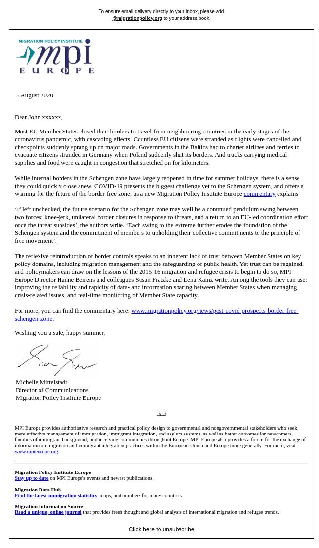 Screenshot of the email generated on import