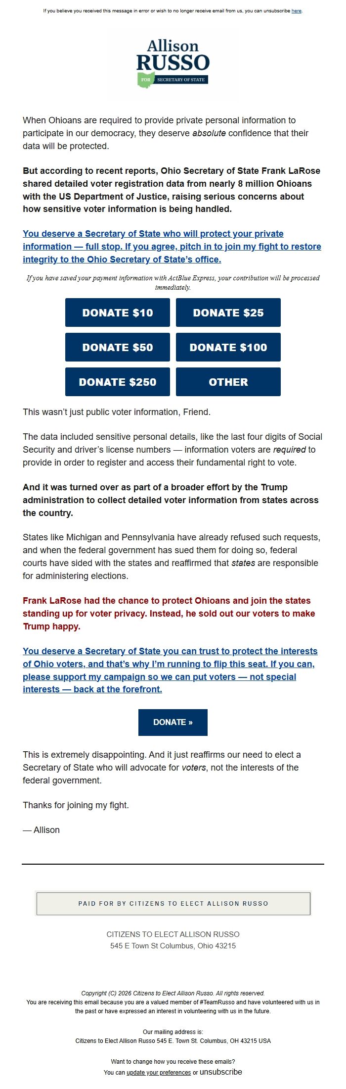 Screenshot of the email generated on import