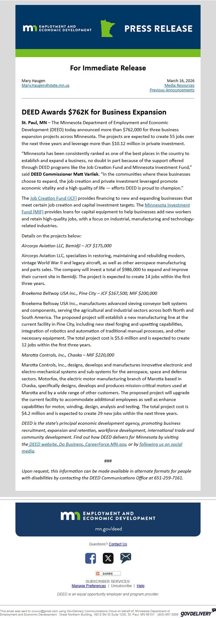 Screenshot of the email generated on import
