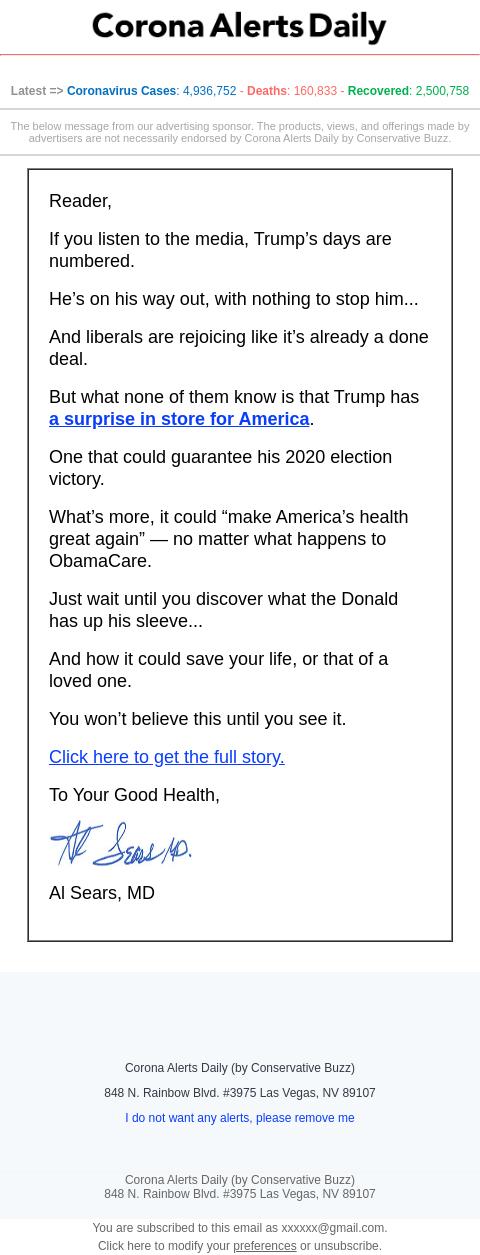 Screenshot of the email generated on import