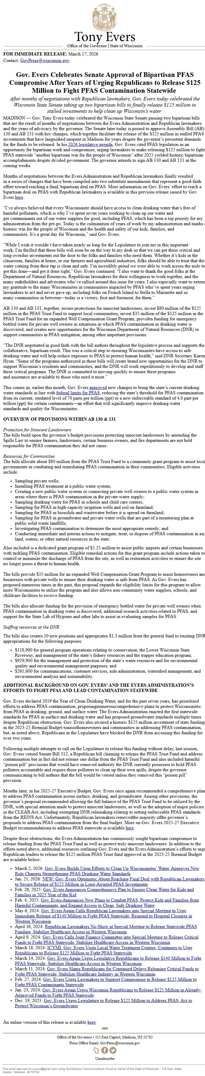 Screenshot of the email generated on import