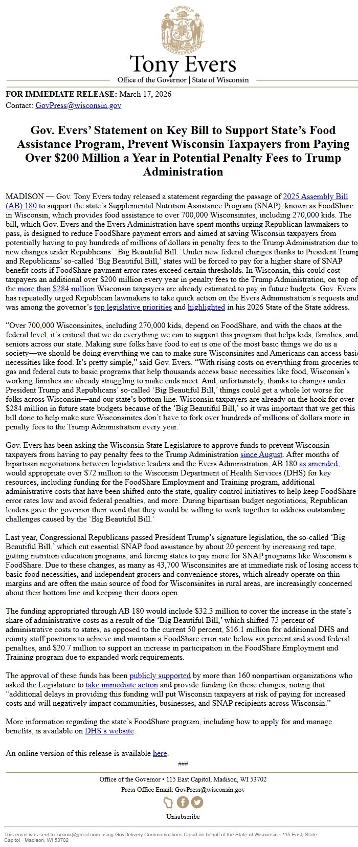 Screenshot of the email generated on import
