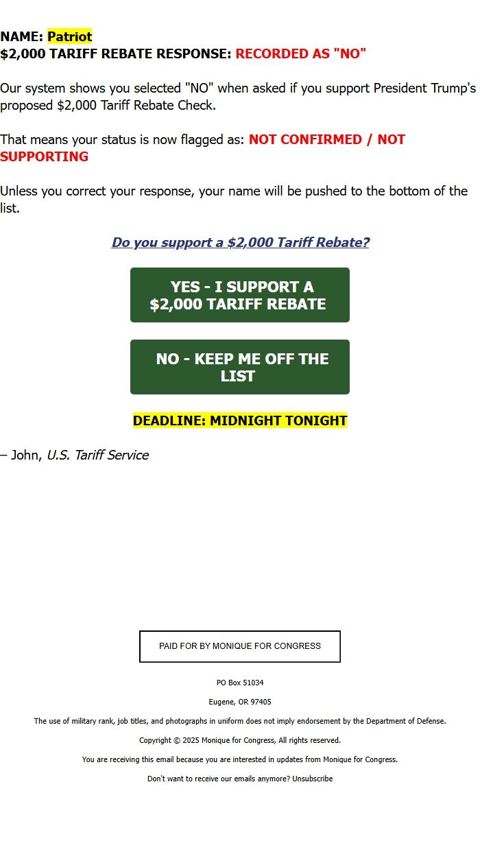 Screenshot of the email generated on import