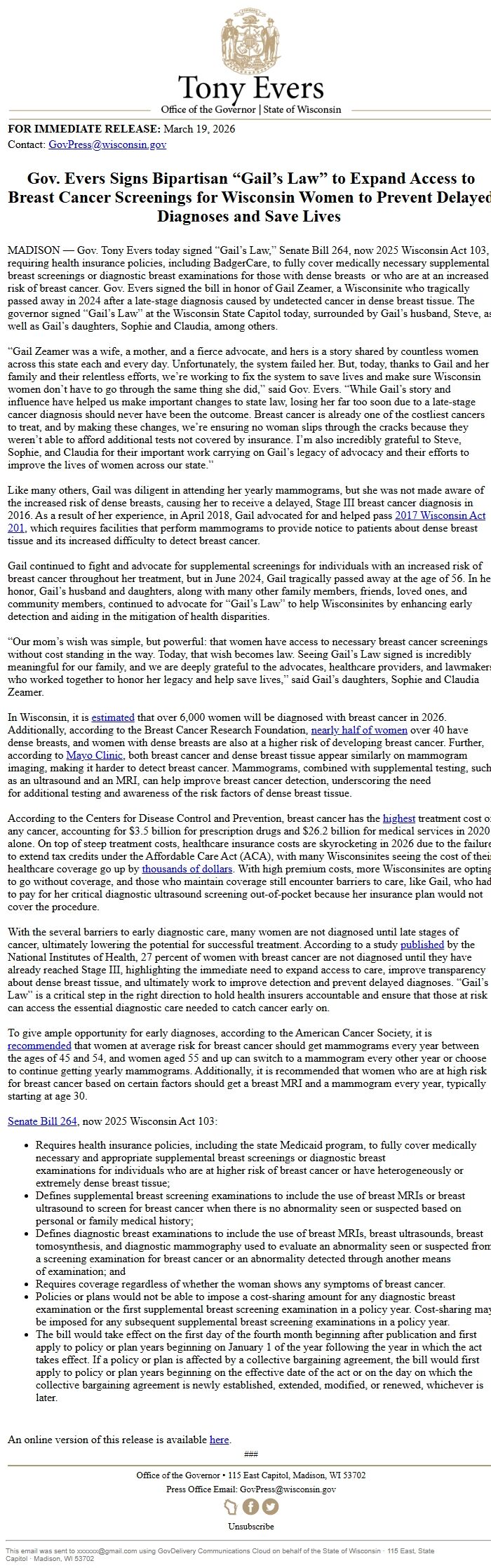 Screenshot of the email generated on import