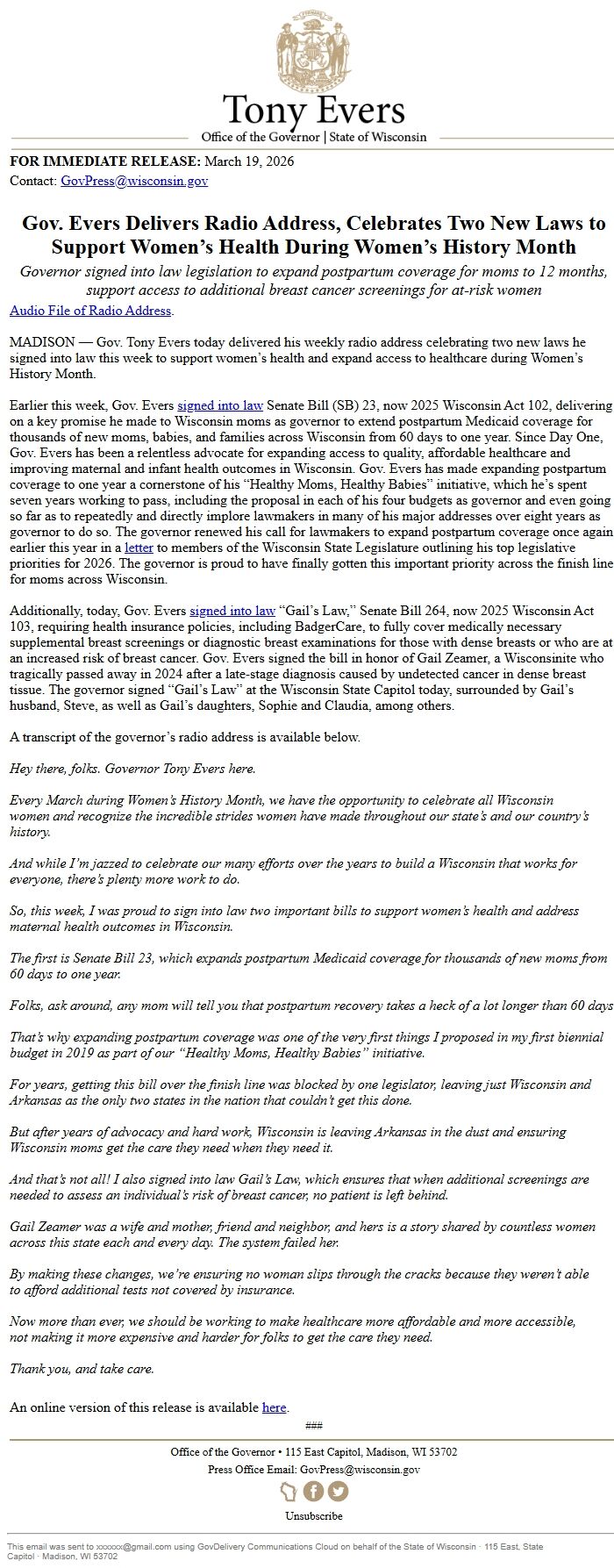 Screenshot of the email generated on import