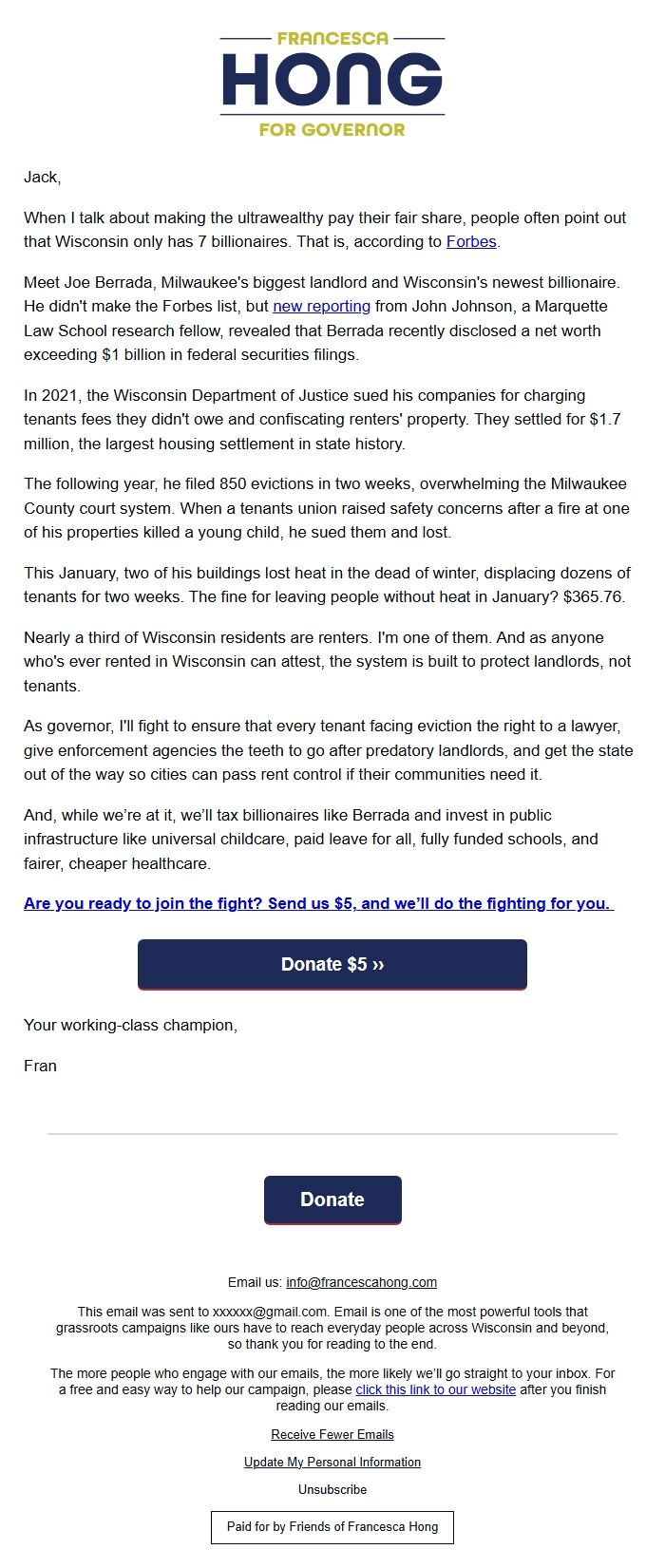Screenshot of the email generated on import