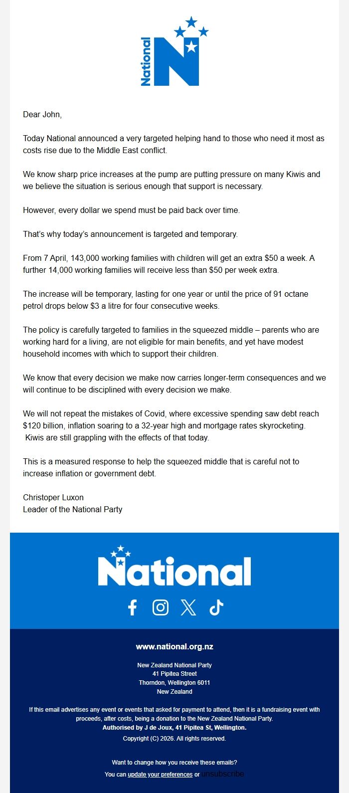Screenshot of the email generated on import