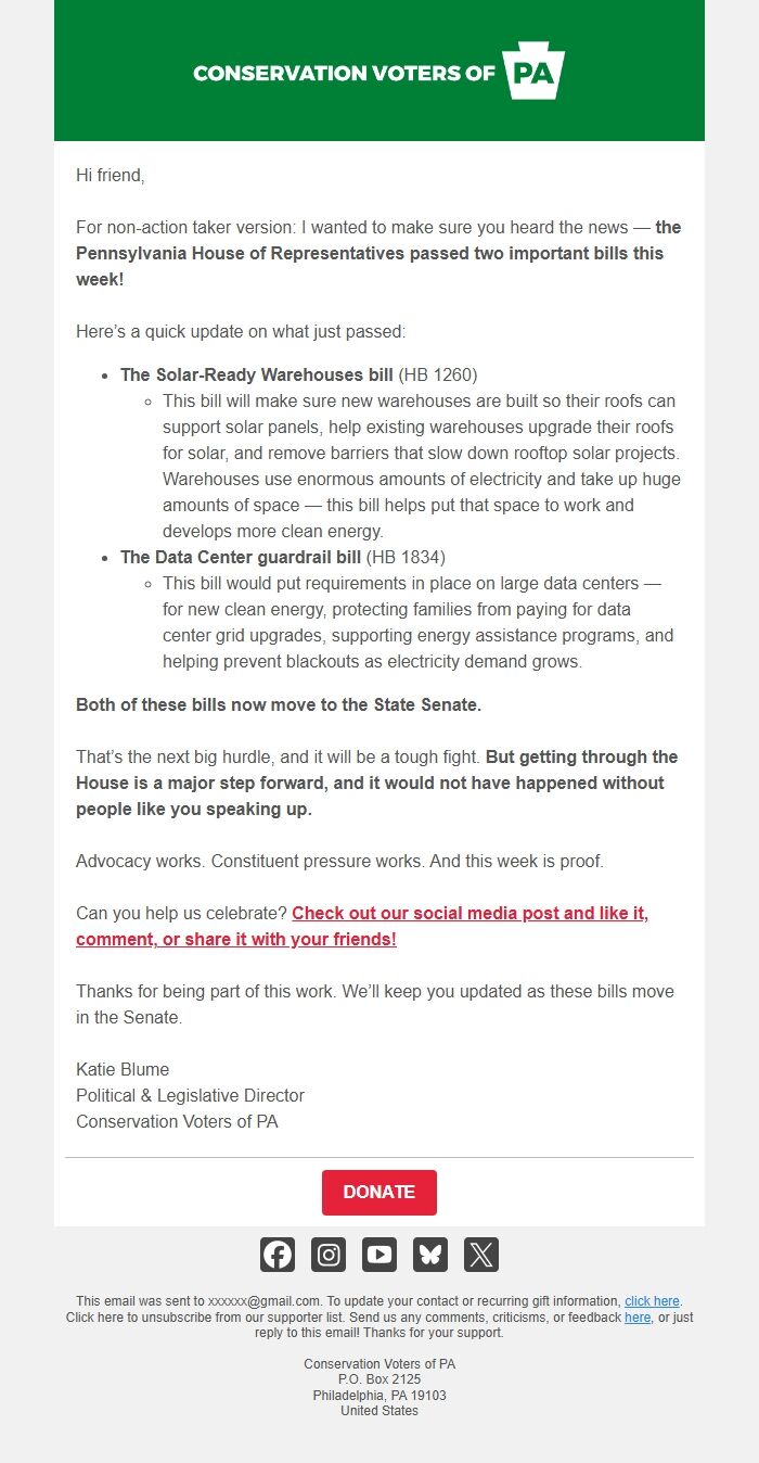 Screenshot of the email generated on import