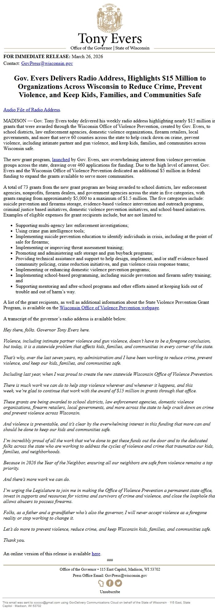 Screenshot of the email generated on import