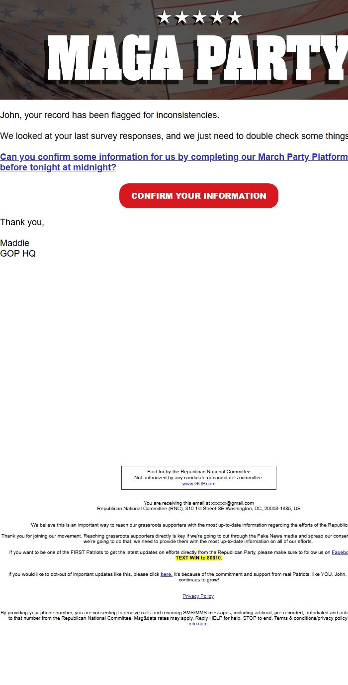 Screenshot of the email generated on import