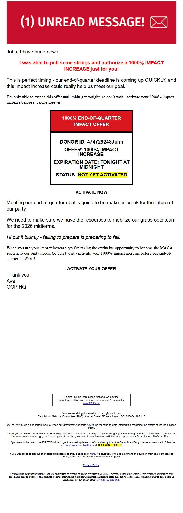 Screenshot of the email generated on import