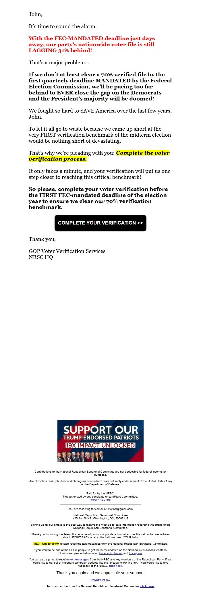 Screenshot of the email generated on import