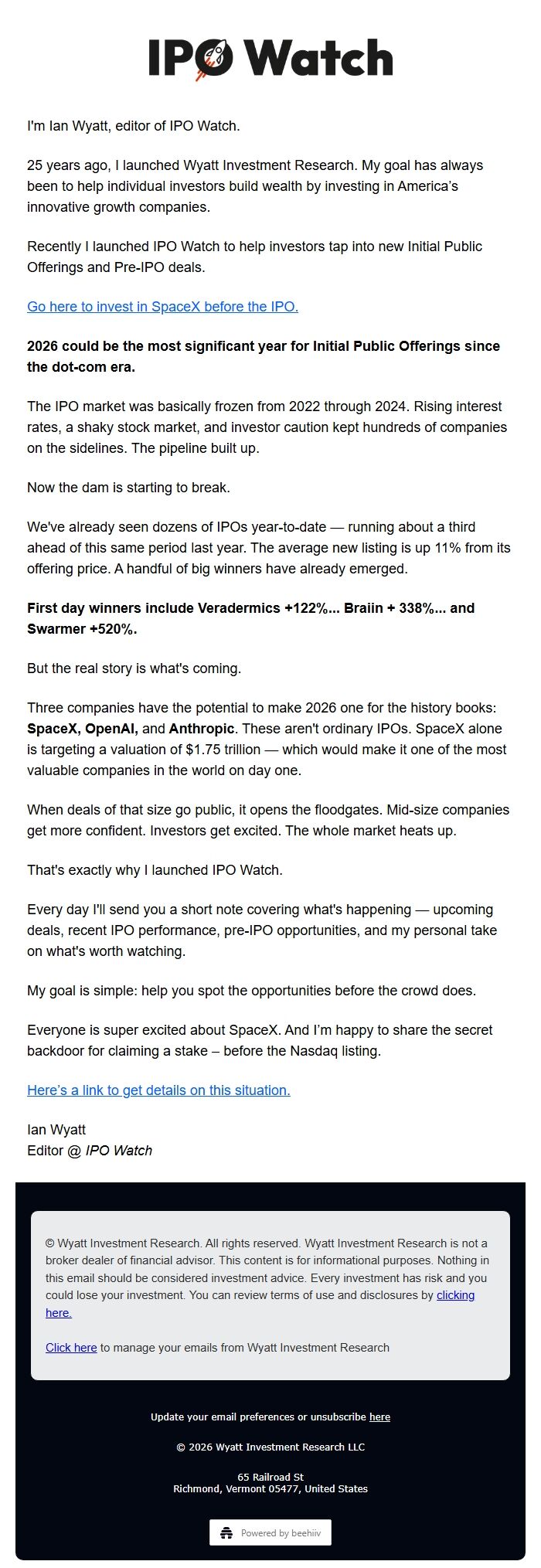 Screenshot of the email generated on import