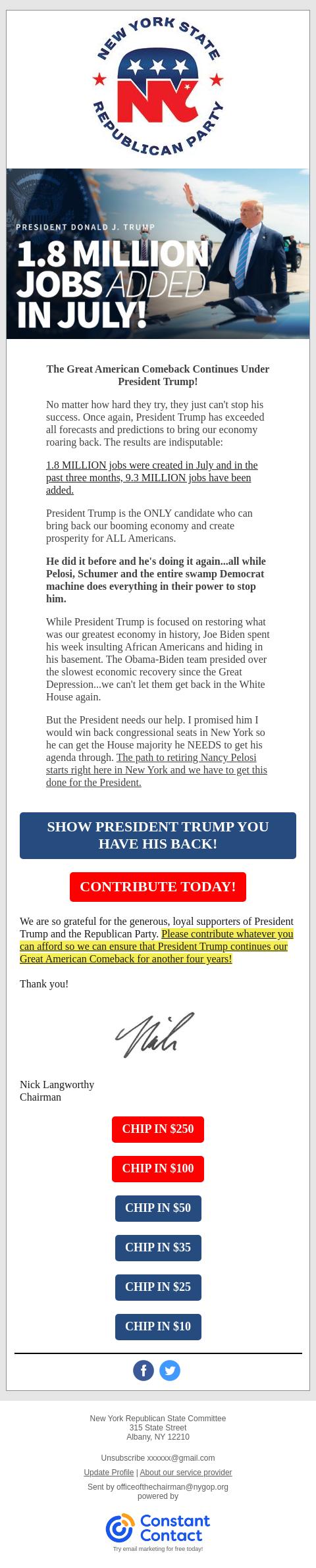 Screenshot of the email generated on import