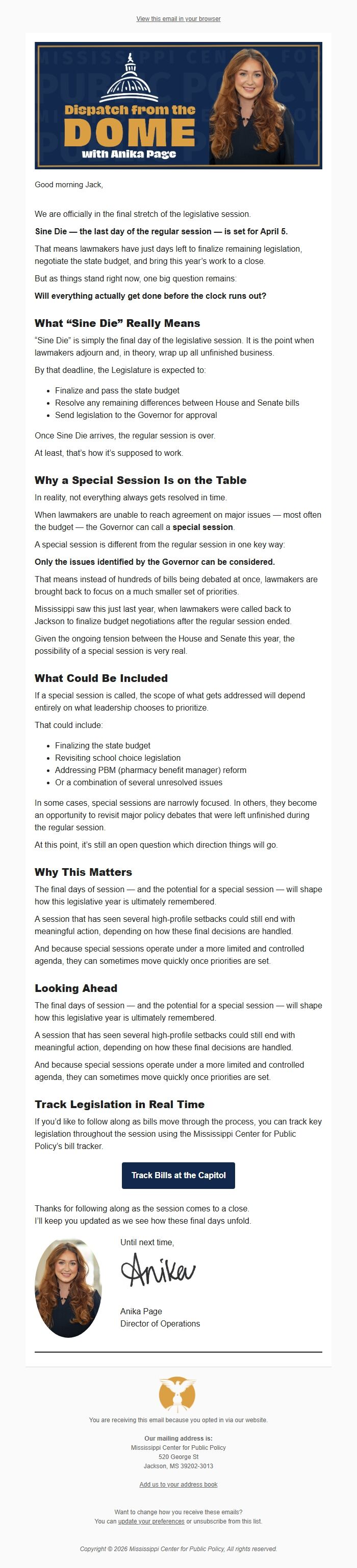 Screenshot of the email generated on import