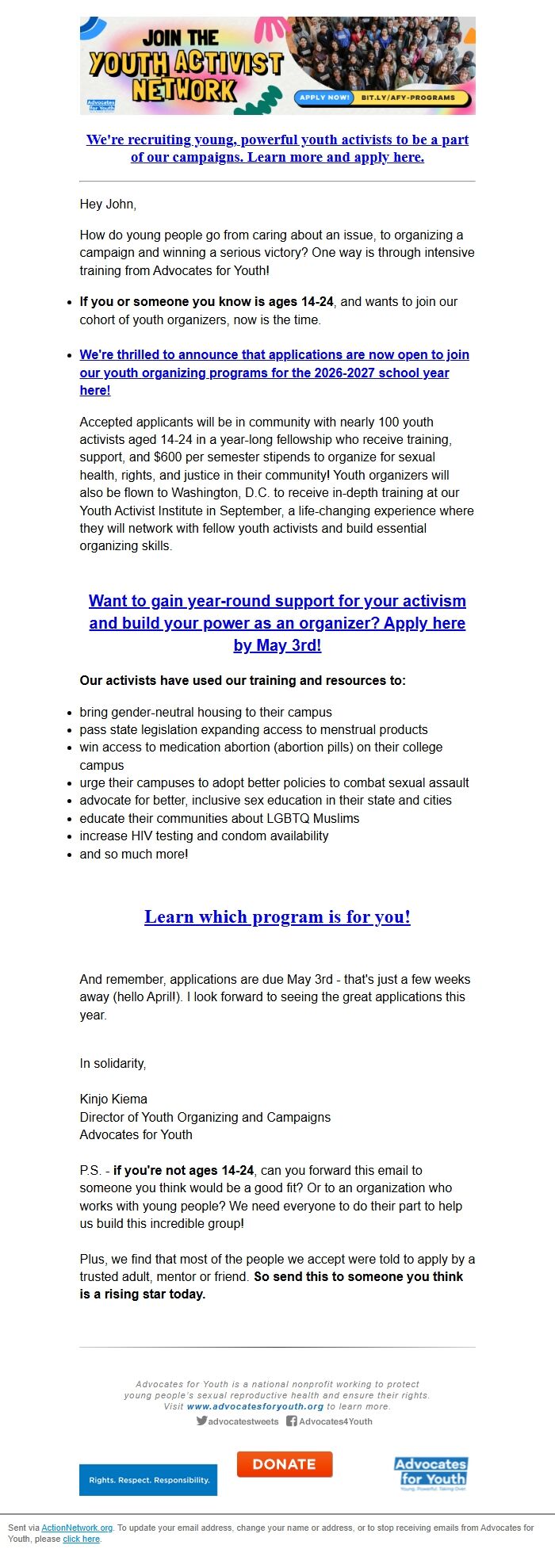 Screenshot of the email generated on import