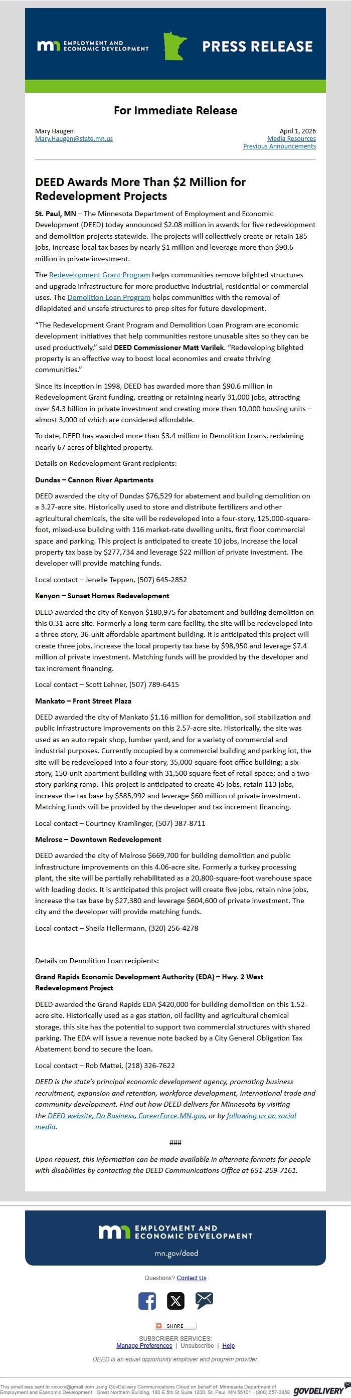 Screenshot of the email generated on import