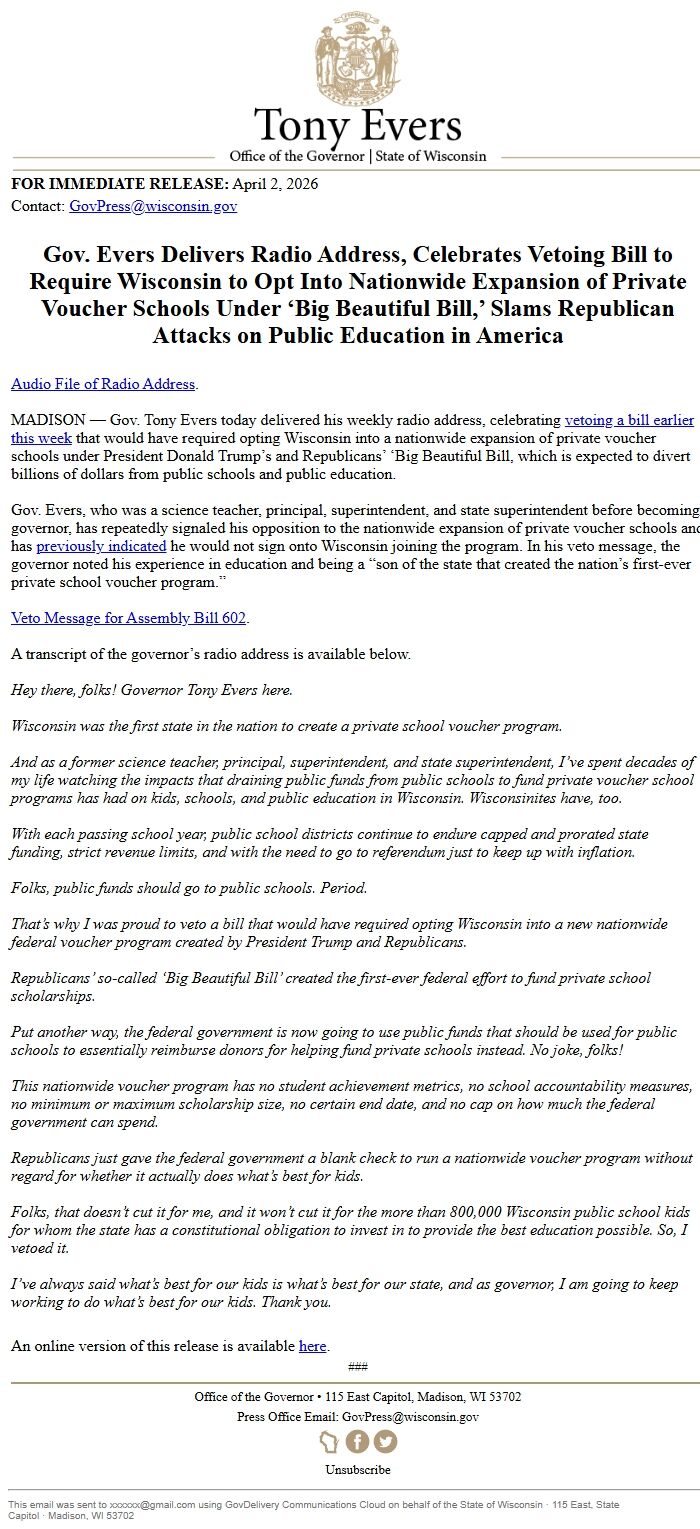 Screenshot of the email generated on import