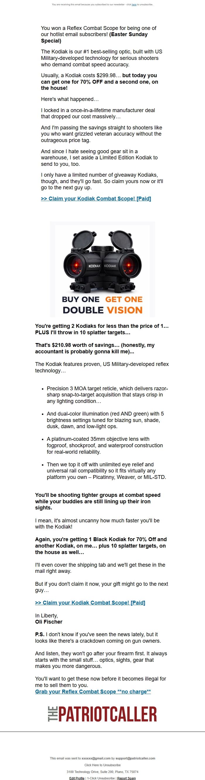 Screenshot of the email generated on import