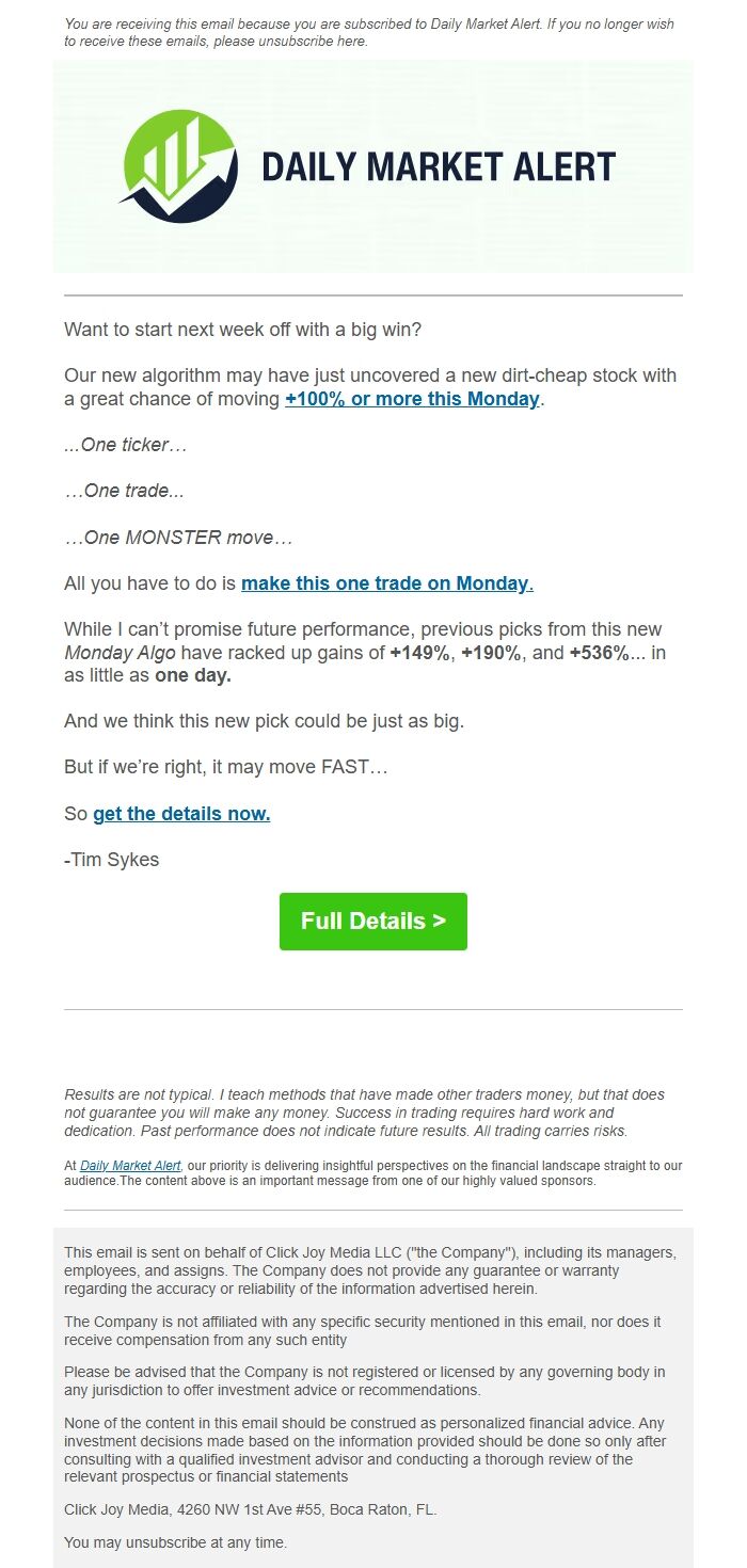 Screenshot of the email generated on import