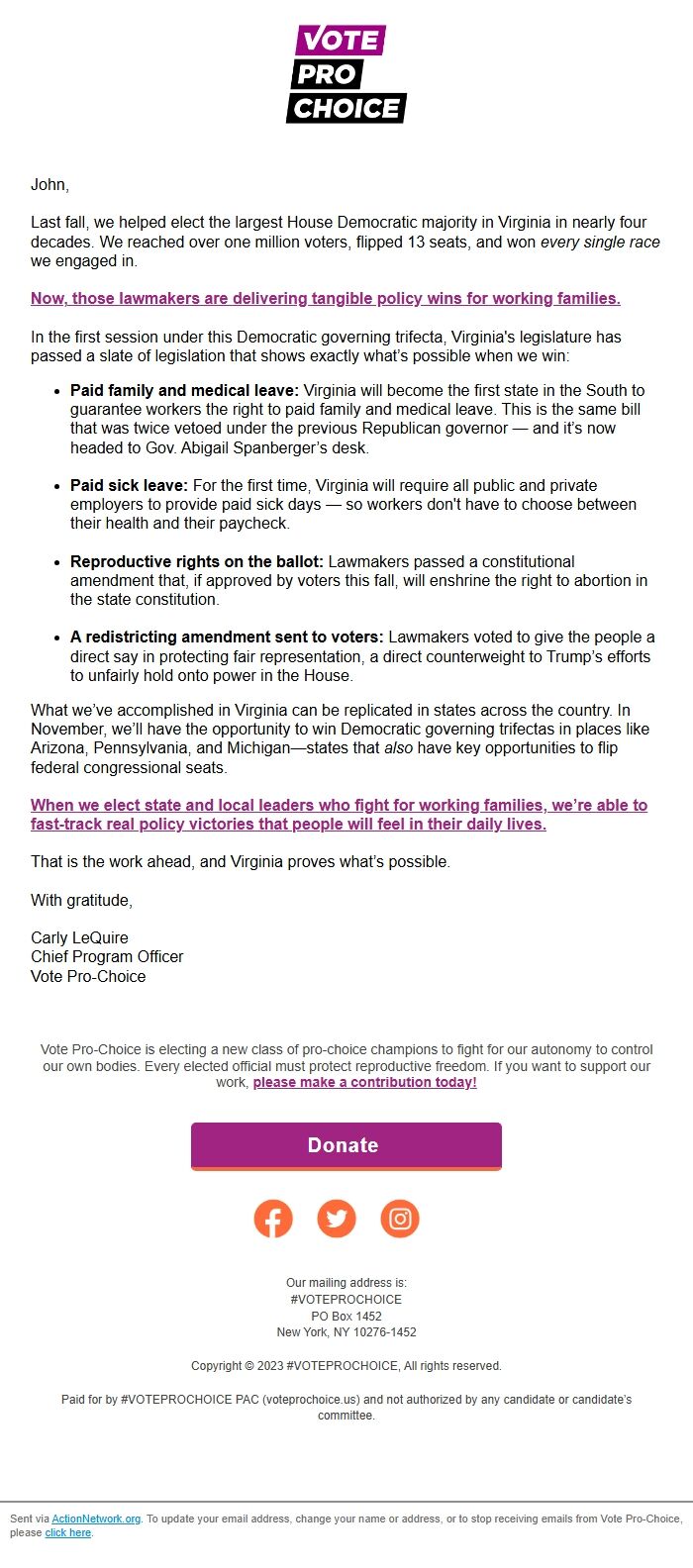 Screenshot of the email generated on import
