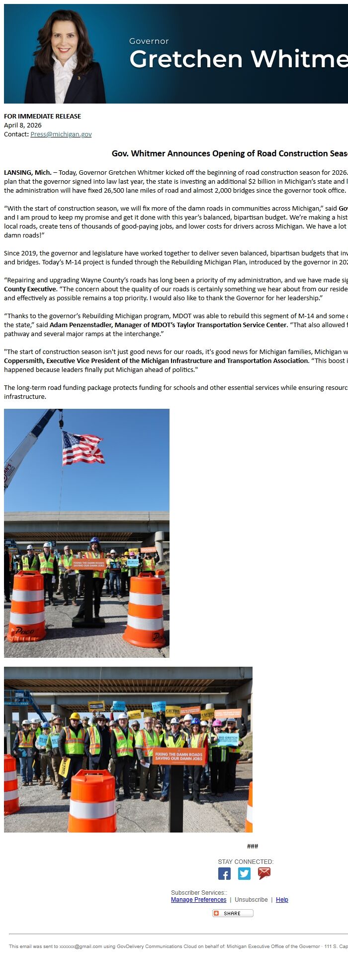 Screenshot of the email generated on import