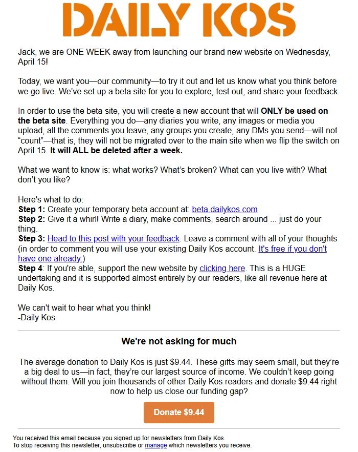 Screenshot of the email generated on import