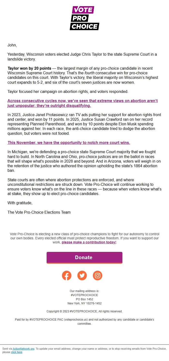 Screenshot of the email generated on import