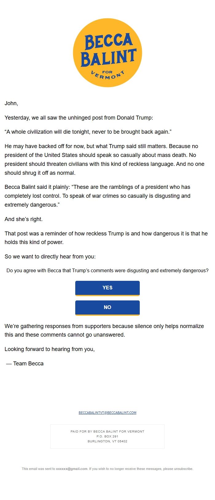 Screenshot of the email generated on import