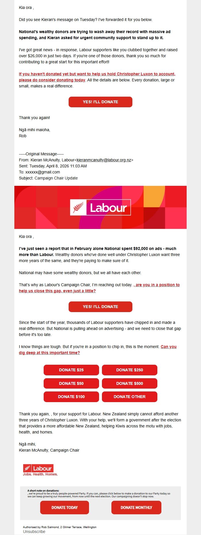 Screenshot of the email generated on import