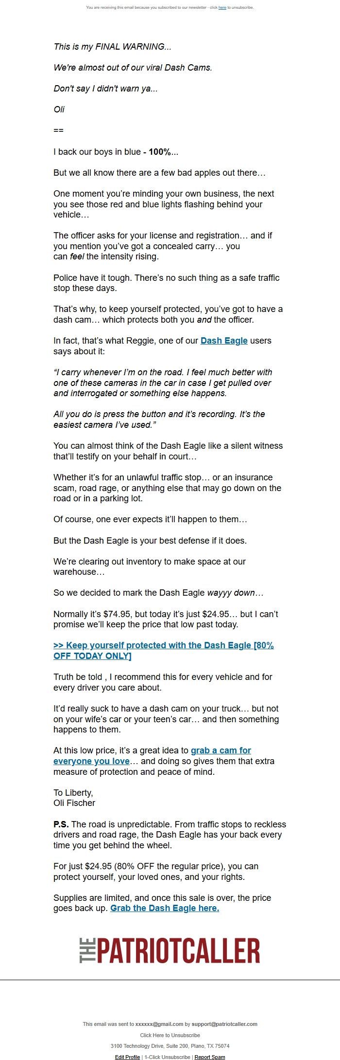 Screenshot of the email generated on import