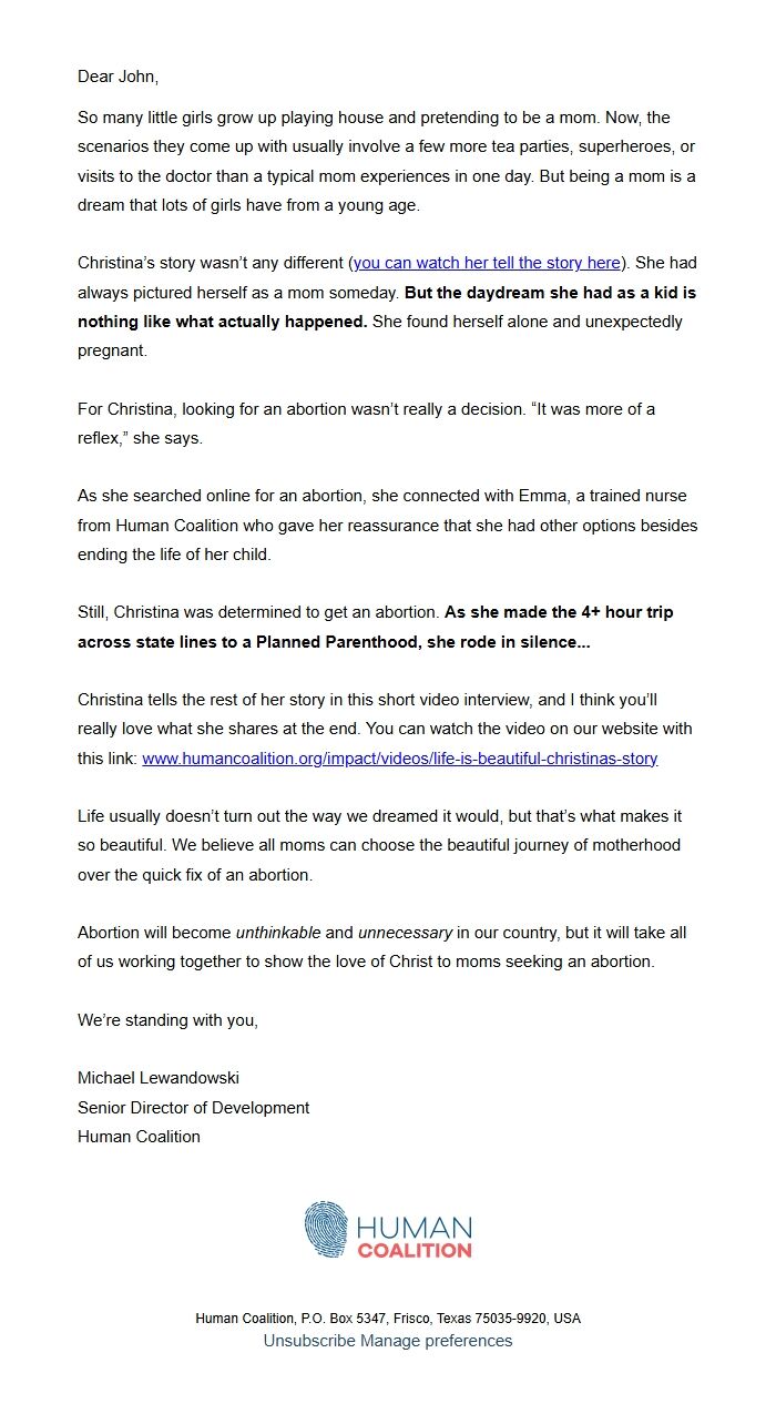 Screenshot of the email generated on import