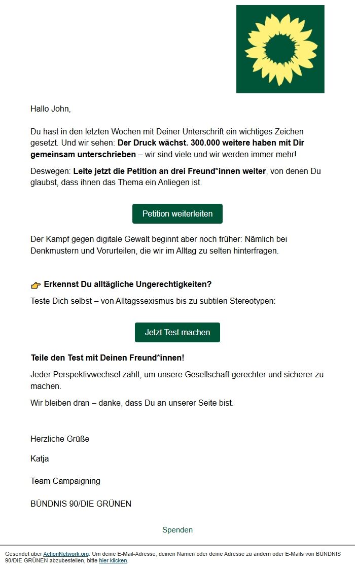 Screenshot of the email generated on import