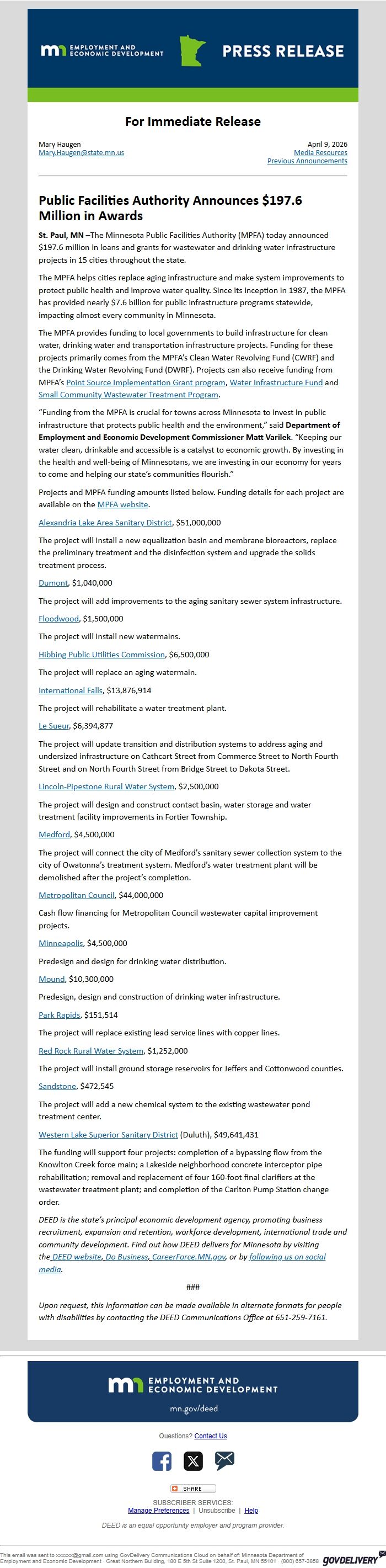 Screenshot of the email generated on import