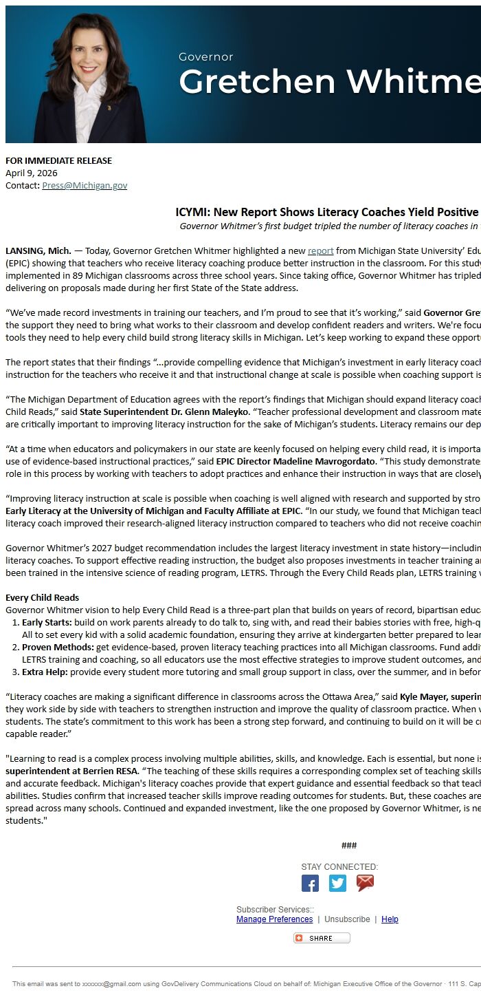 Screenshot of the email generated on import