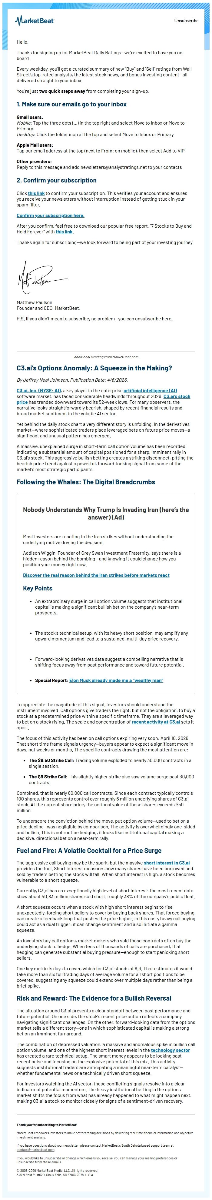 Screenshot of the email generated on import