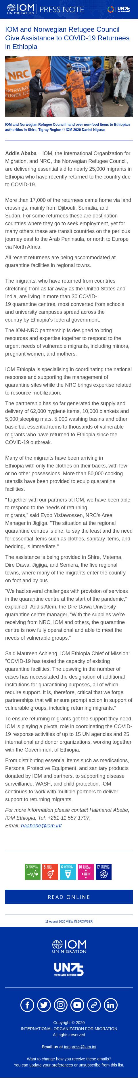 Screenshot of the email generated on import