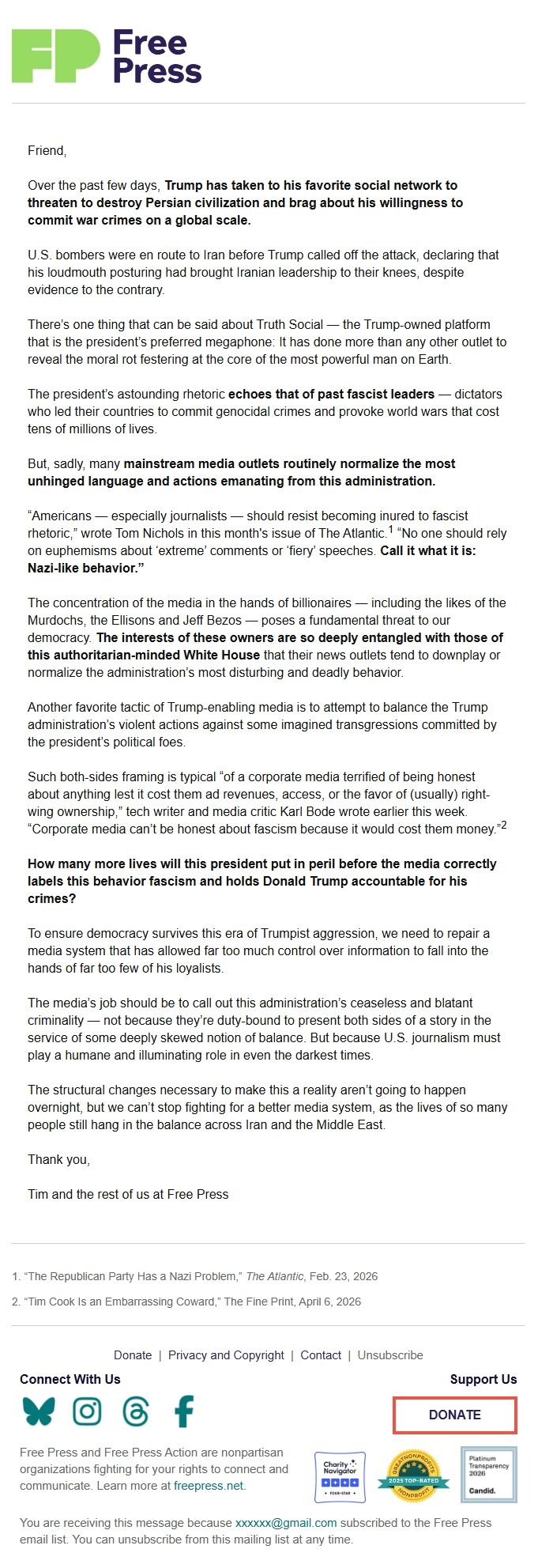 Screenshot of the email generated on import