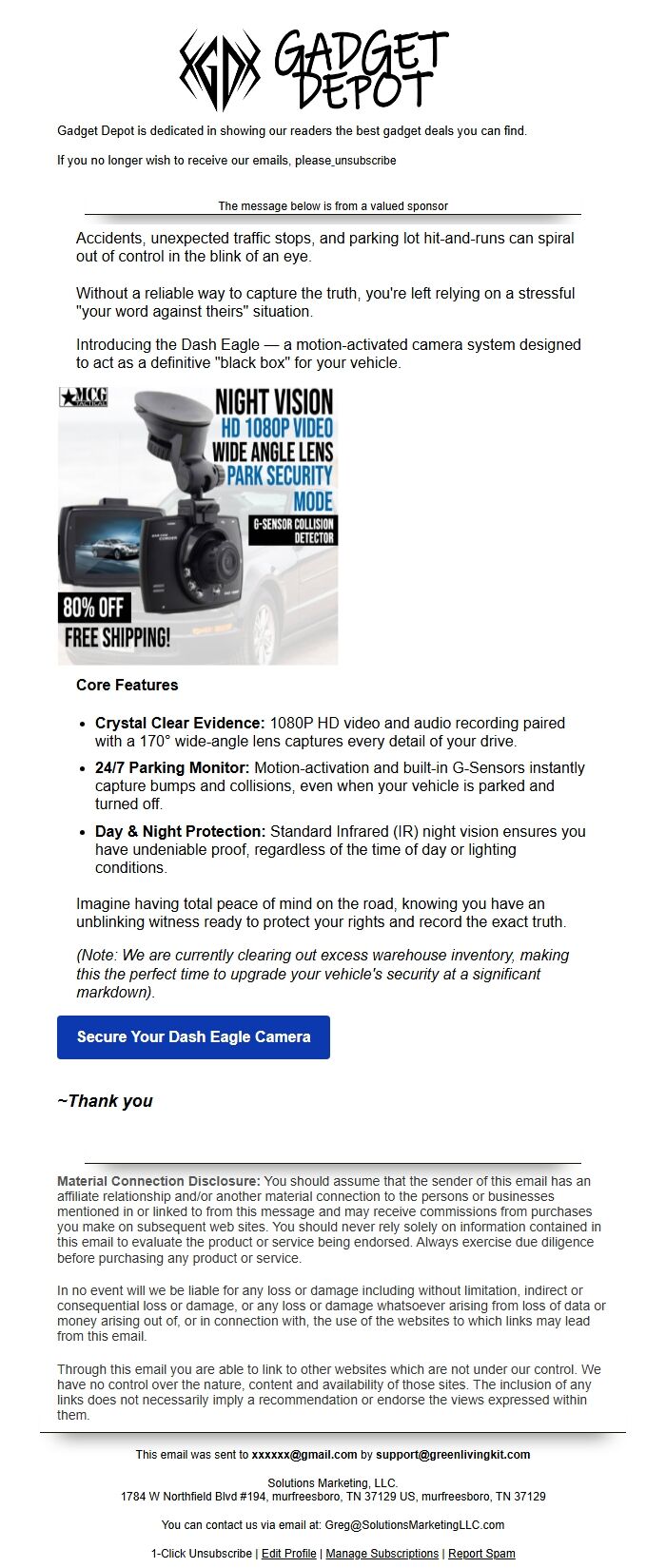 Screenshot of the email generated on import