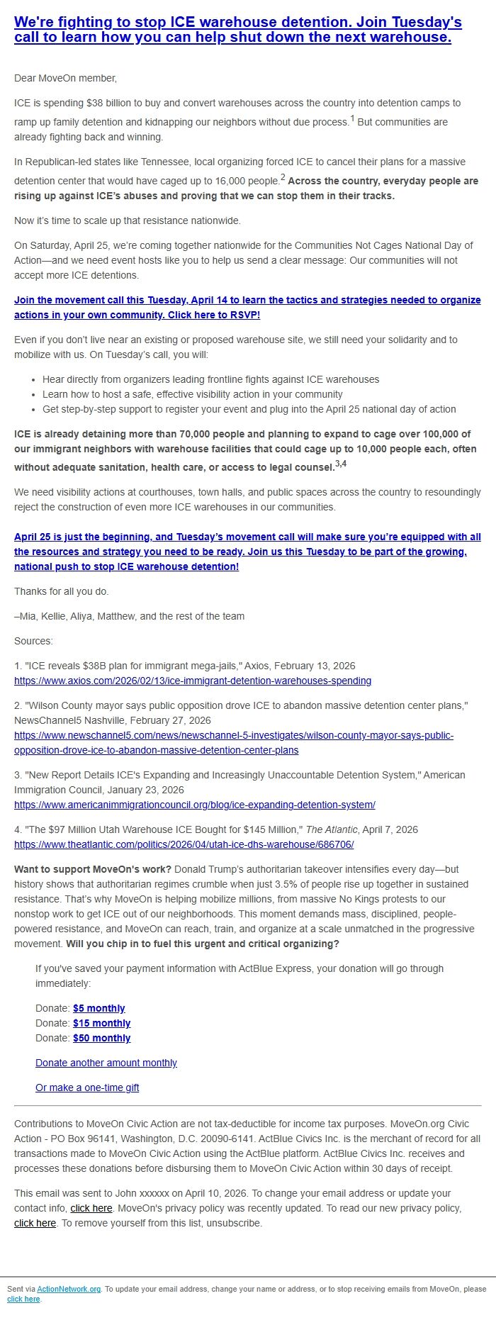 Screenshot of the email generated on import