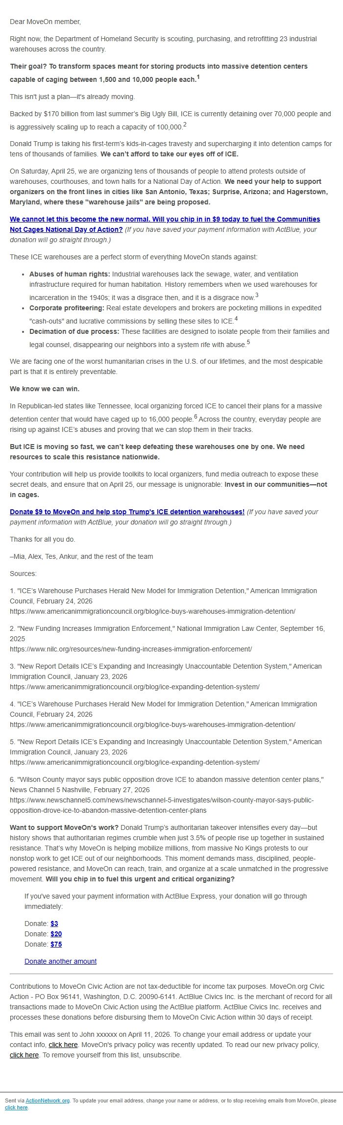 Screenshot of the email generated on import