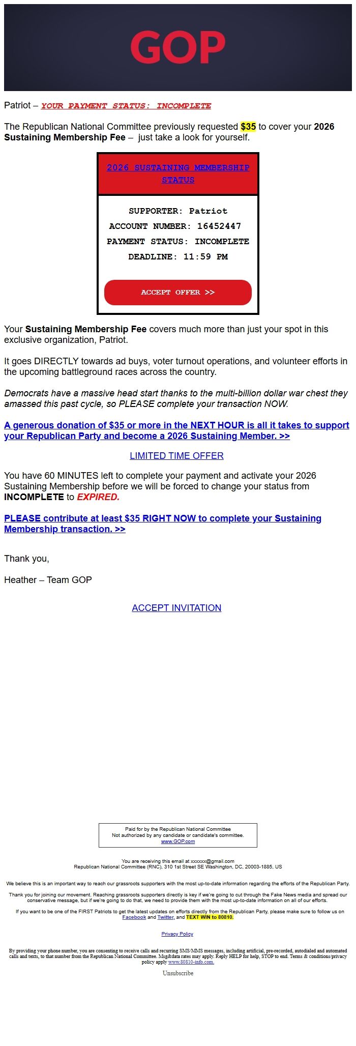 Screenshot of the email generated on import