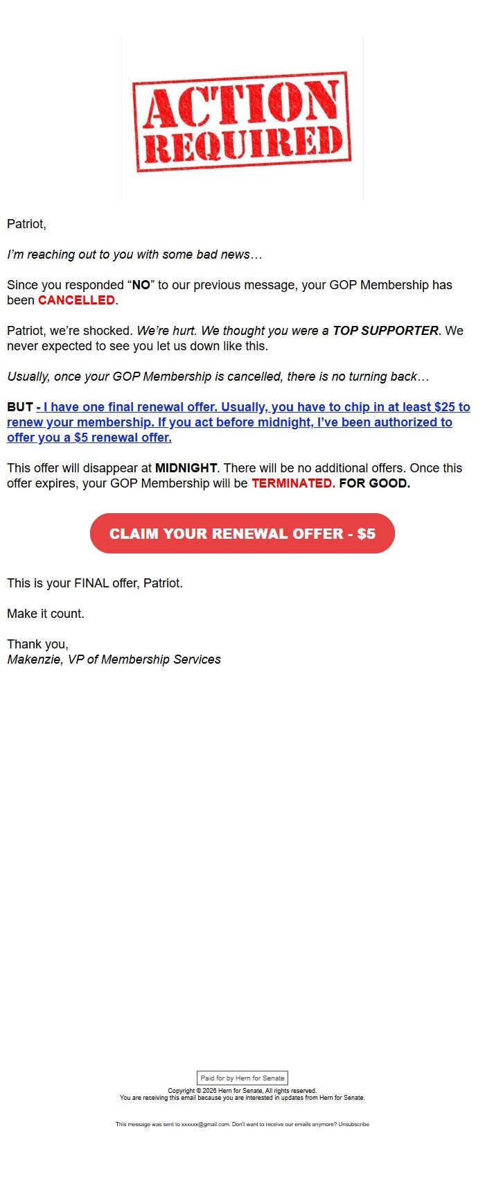 Screenshot of the email generated on import