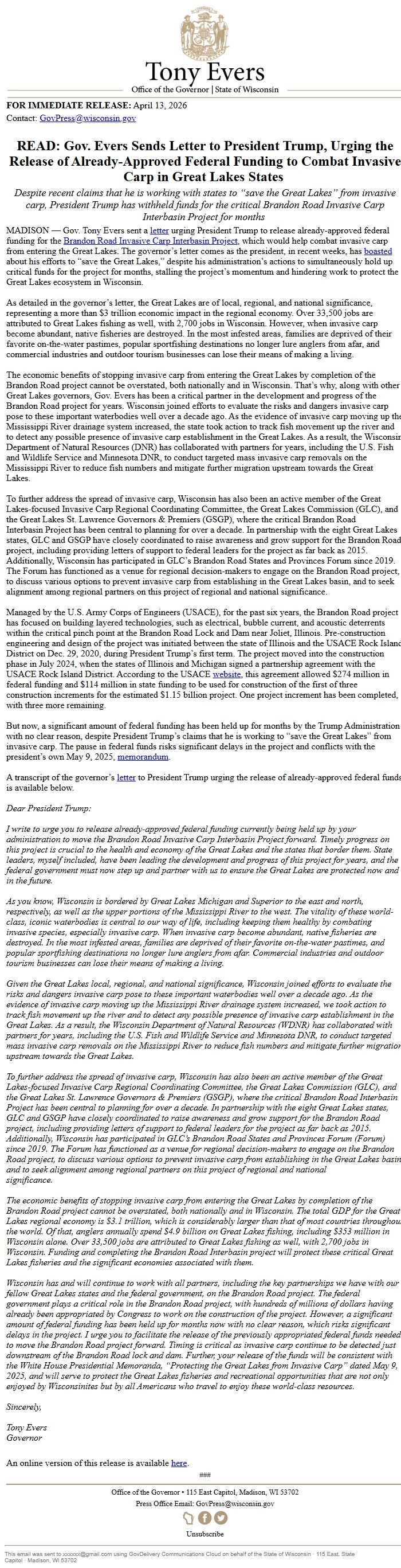 Screenshot of the email generated on import