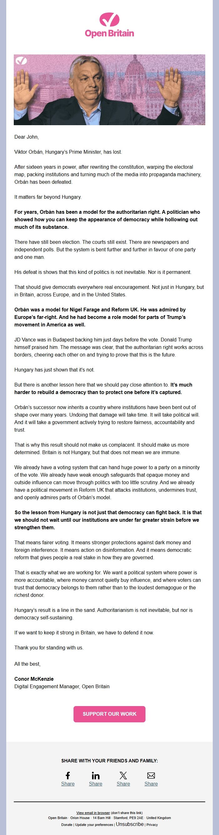 Screenshot of the email generated on import