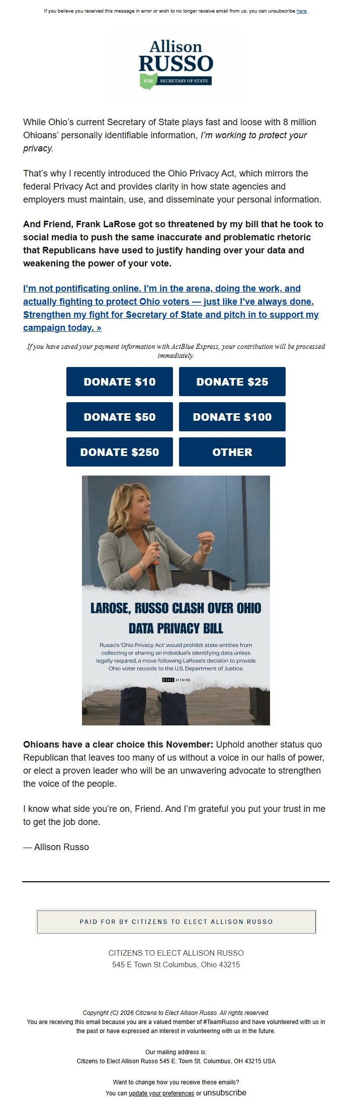 Screenshot of the email generated on import
