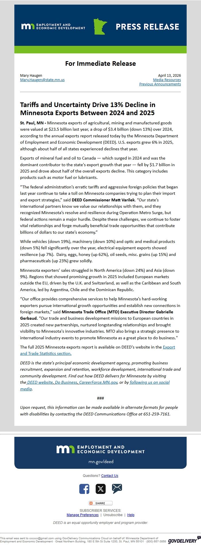 Screenshot of the email generated on import