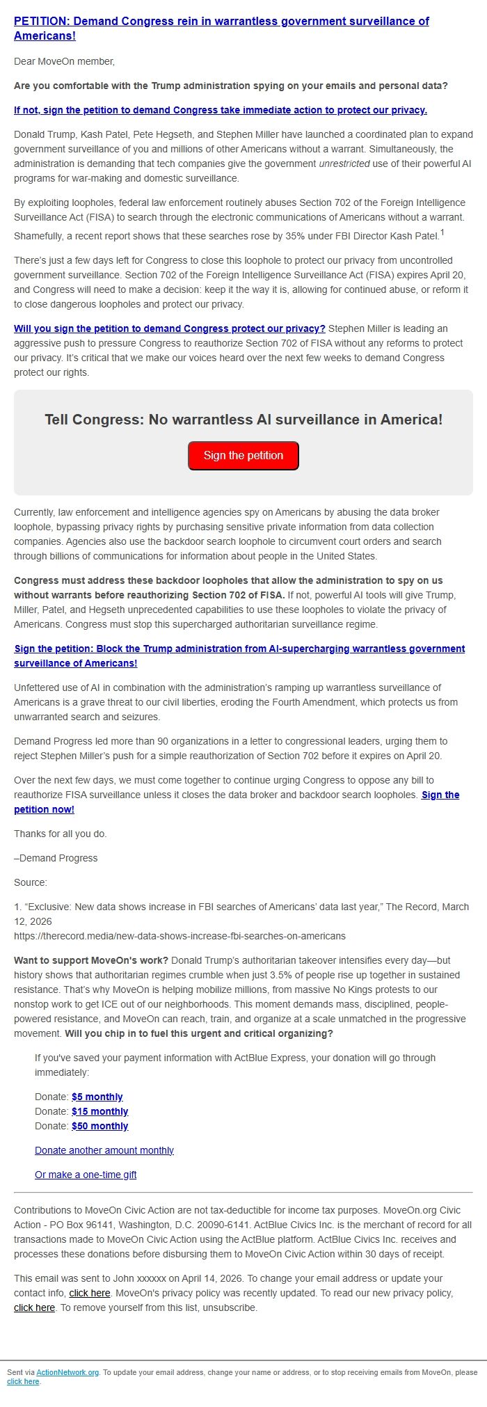 Screenshot of the email generated on import