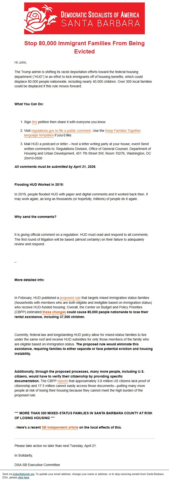 Screenshot of the email generated on import
