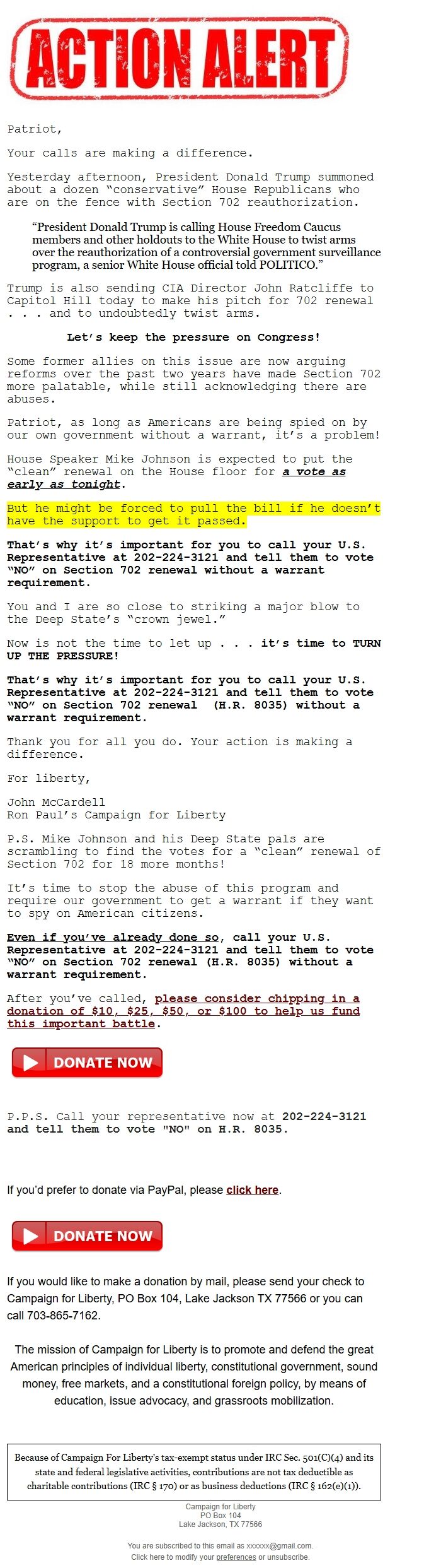 Screenshot of the email generated on import